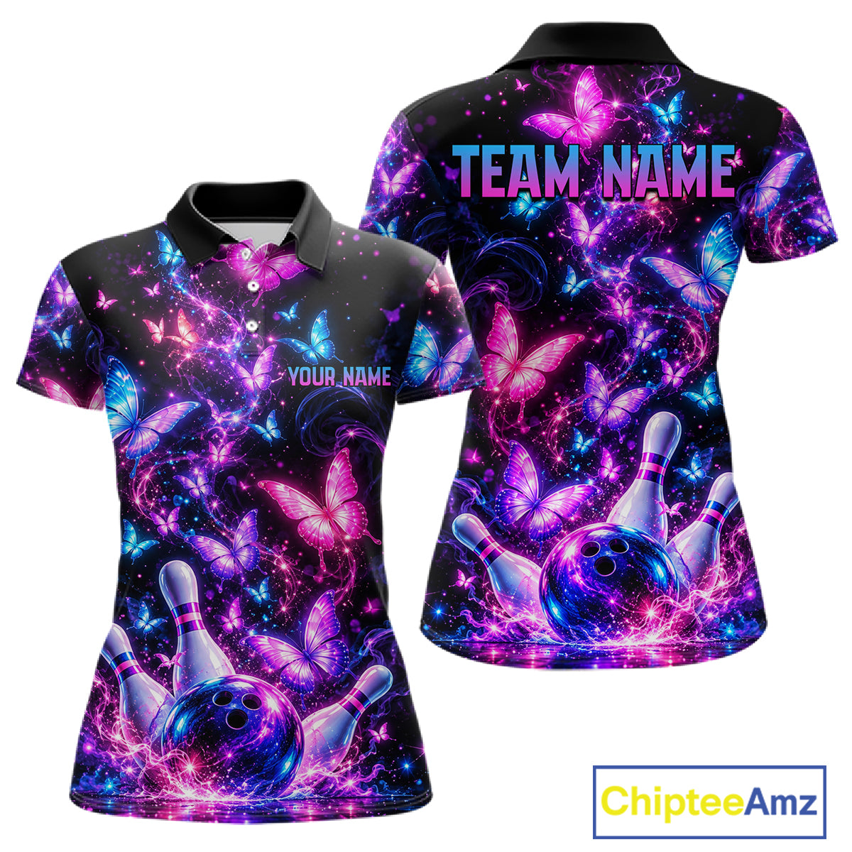 Pink Purple Neon Bowling Polo 1/4-Zip Shirt For Women Custom Name Smoke Butterfly Bowling Jersey Uniform NYN4627