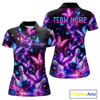 Pink Purple Neon Bowling Polo 1/4-Zip Shirt For Women Custom Name Smoke Butterfly Bowling Jersey Uniform NYN4627