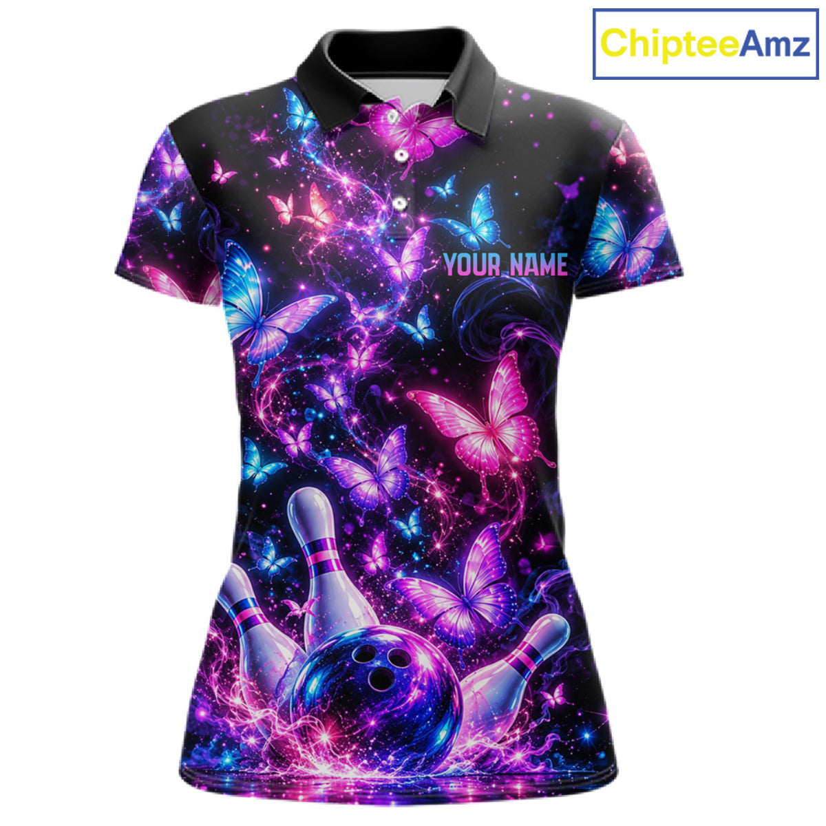 Pink Purple Neon Bowling Polo 1/4-Zip Shirt For Women Custom Name Smoke Butterfly Bowling Jersey Uniform NYN4627