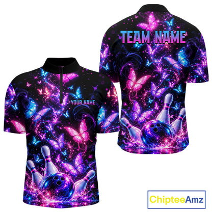 Pink Purple Neon Bowling Polo 1/4-Zip Shirt For Men Custom Name Smoke Butterfly Bowling Jersey Uniform NYN4627