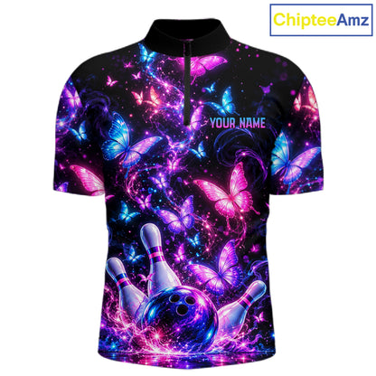 Pink Purple Neon Bowling Polo 1/4-Zip Shirt For Men Custom Name Smoke Butterfly Bowling Jersey Uniform NYN4627