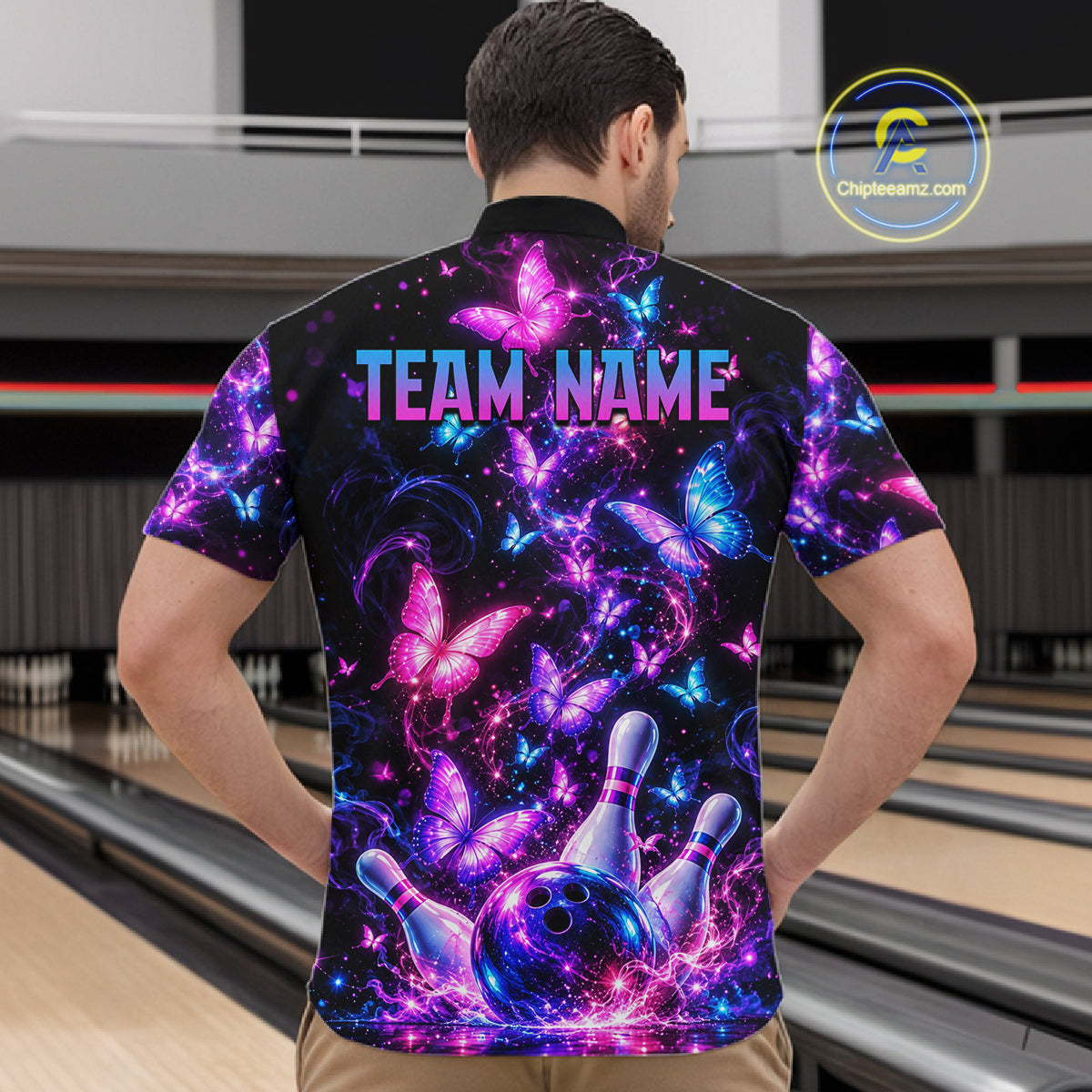 Pink Purple Neon Bowling Polo 1/4-Zip Shirt For Men Custom Name Smoke Butterfly Bowling Jersey Uniform NYN4627