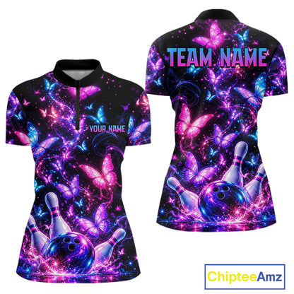 Pink Purple Neon Bowling Polo 1/4-Zip Shirt For Women Custom Name Smoke Butterfly Bowling Jersey Uniform NYN4627