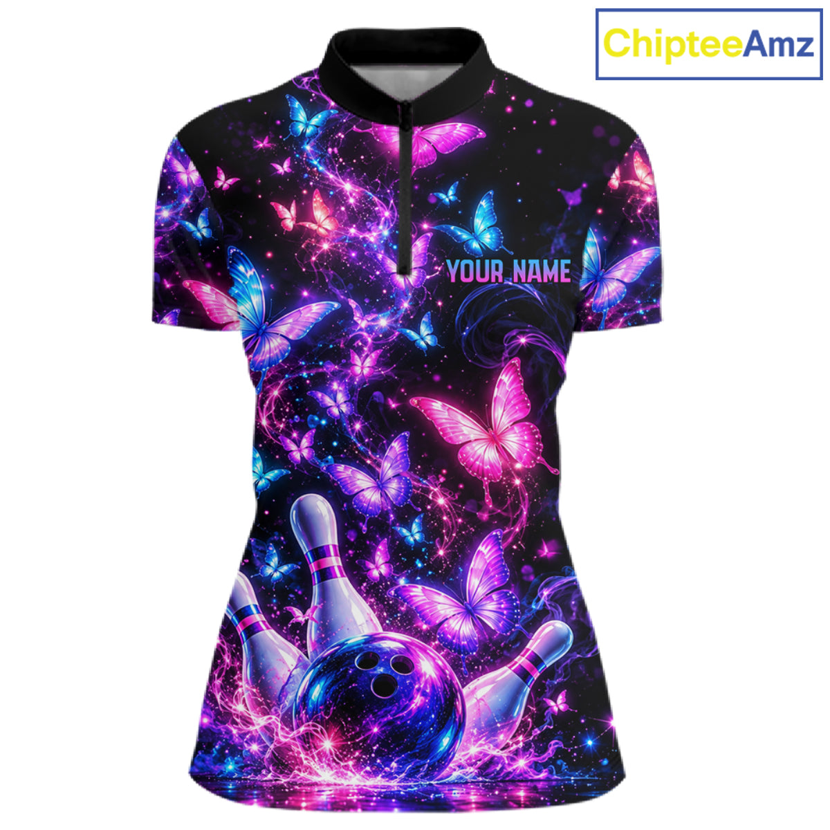 Pink Purple Neon Bowling Polo 1/4-Zip Shirt For Women Custom Name Smoke Butterfly Bowling Jersey Uniform NYN4627