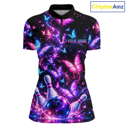 Pink Purple Neon Bowling Polo 1/4-Zip Shirt For Women Custom Name Smoke Butterfly Bowling Jersey Uniform NYN4627