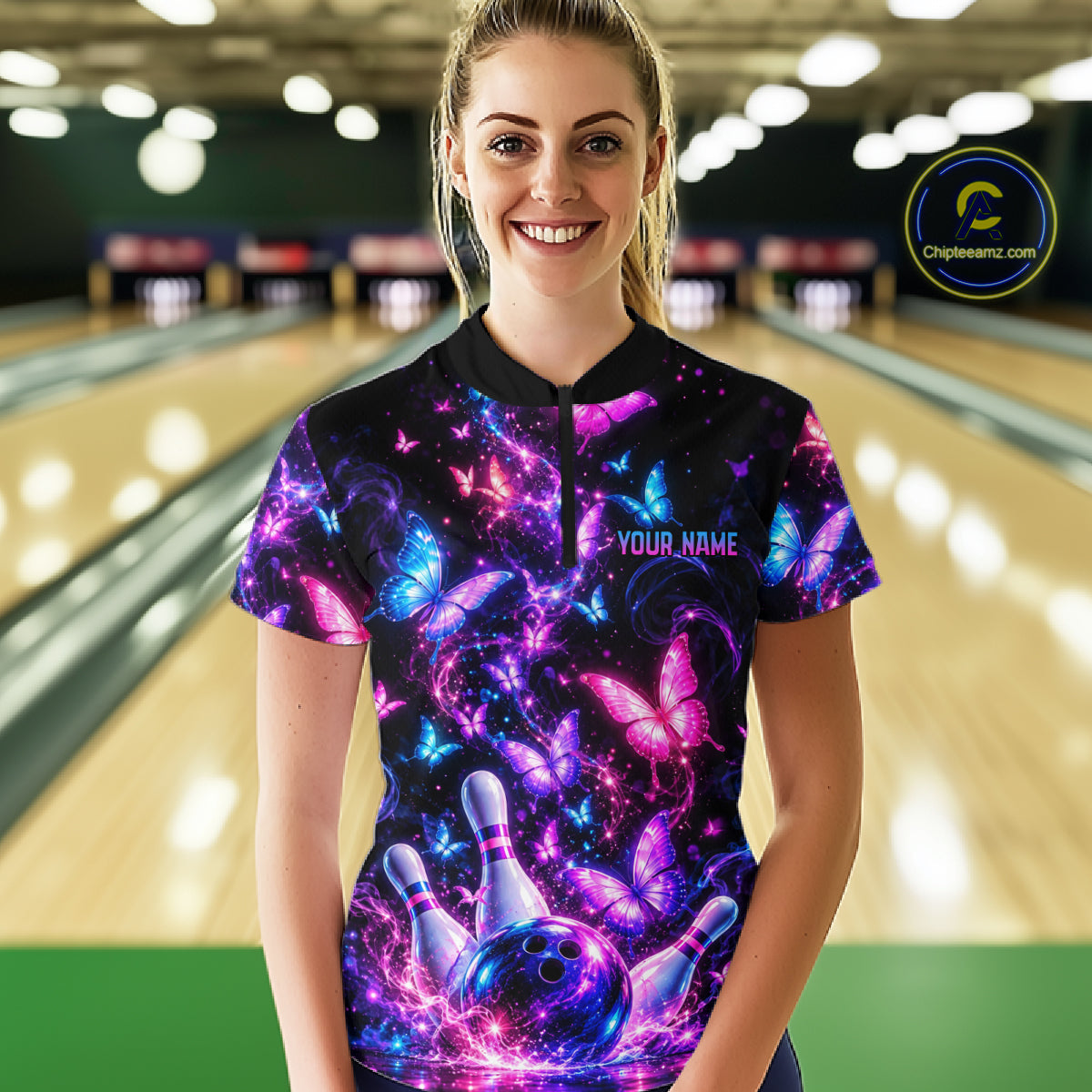 Pink Purple Neon Bowling Polo 1/4-Zip Shirt For Women Custom Name Smoke Butterfly Bowling Jersey Uniform NYN4627