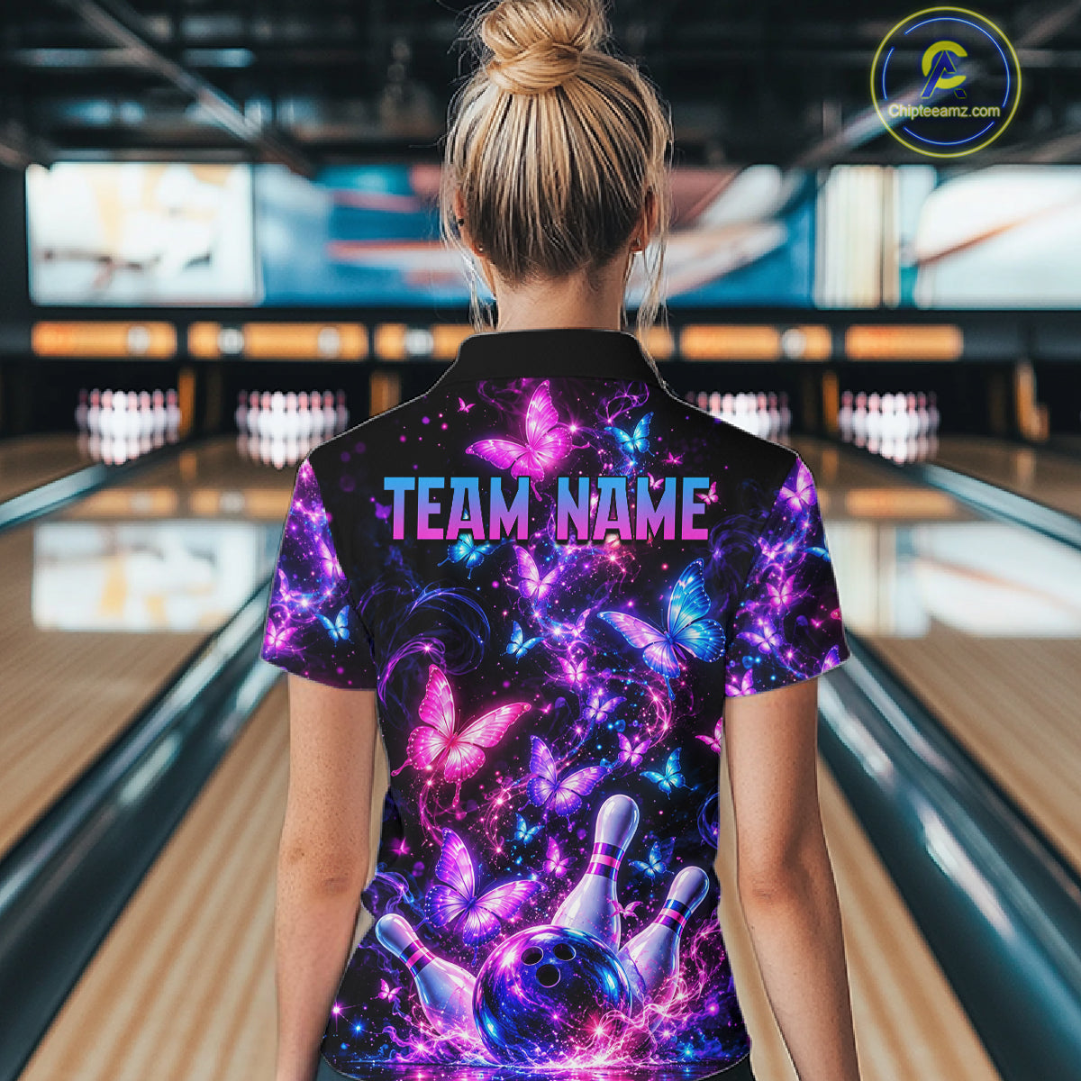 Pink Purple Neon Bowling Polo 1/4-Zip Shirt For Women Custom Name Smoke Butterfly Bowling Jersey Uniform NYN4627