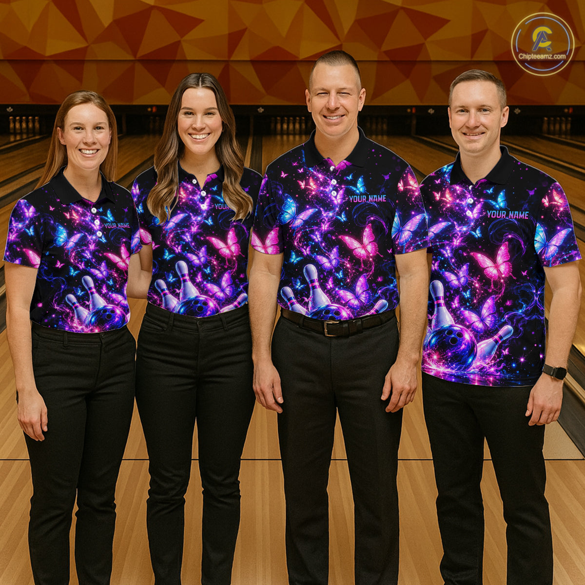 Pink Purple Neon Bowling Polo 1/4-Zip Shirt For Men Custom Name Smoke Butterfly Bowling Jersey Uniform NYN4627