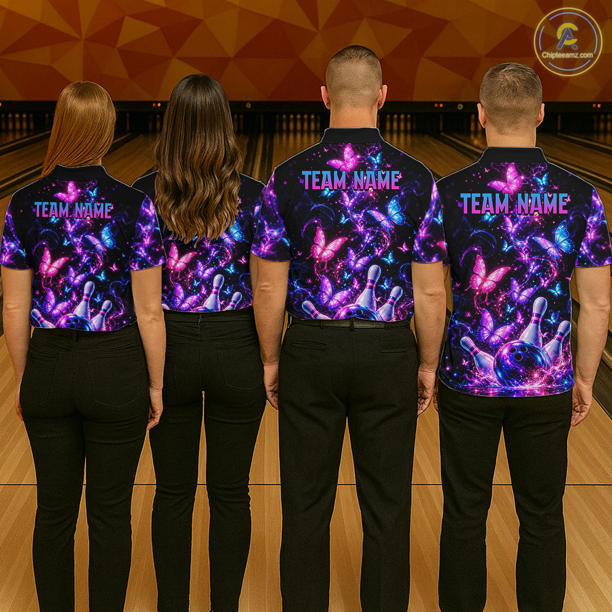 Pink Purple Neon Bowling Polo 1/4-Zip Shirt For Men Custom Name Smoke Butterfly Bowling Jersey Uniform NYN4627