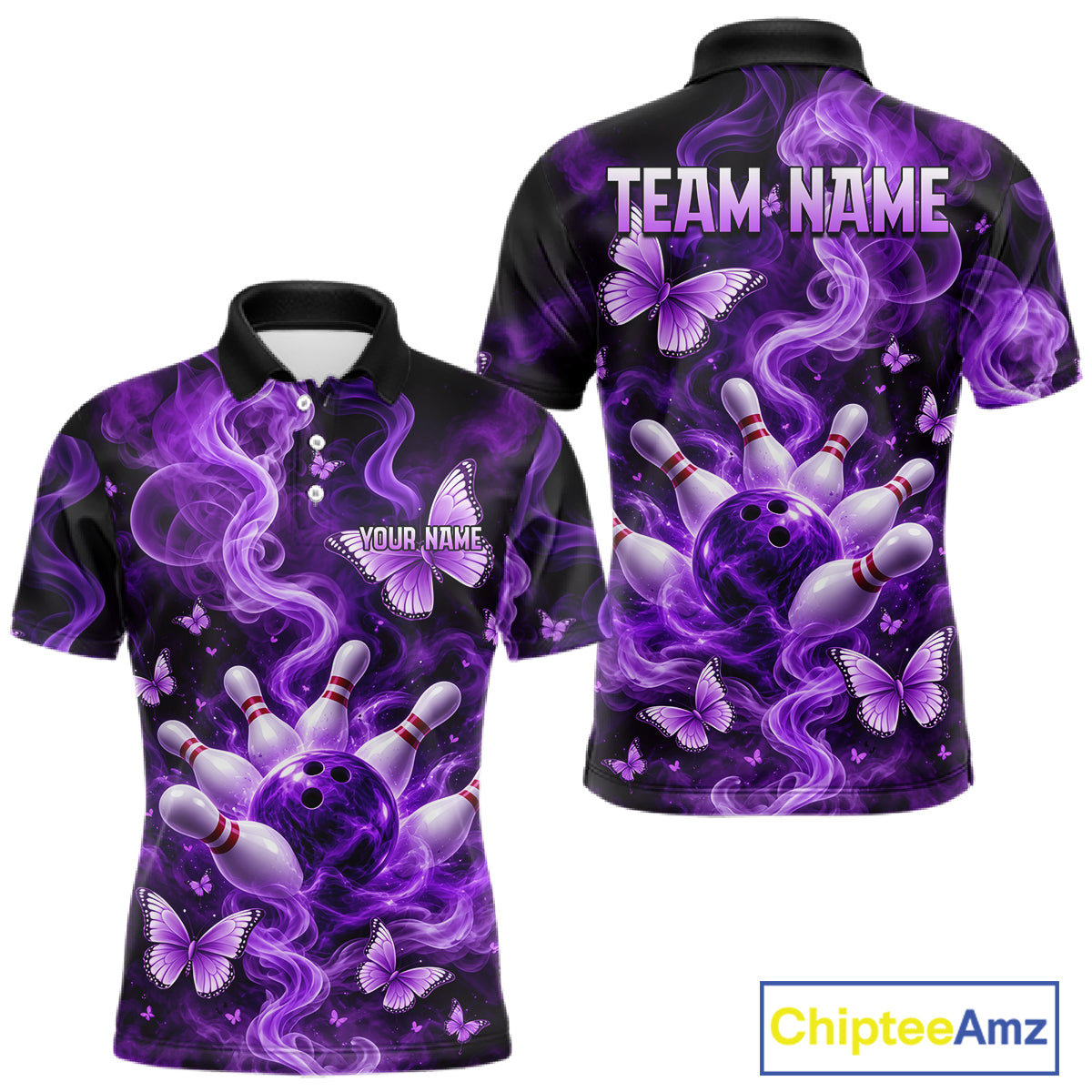 Purple Smoke Bowling Polo 1/4-Zip Shirt For Men Custom Smoke Butterfly Bowling Jersey Bowling Uniform NYN4628