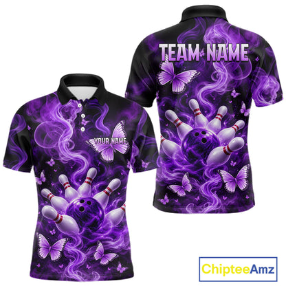 Purple Smoke Bowling Polo 1/4-Zip Shirt For Men Custom Smoke Butterfly Bowling Jersey Bowling Uniform NYN4628
