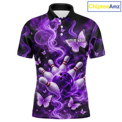 Purple Smoke Bowling Polo 1/4-Zip Shirt For Men Custom Smoke Butterfly Bowling Jersey Bowling Uniform NYN4628
