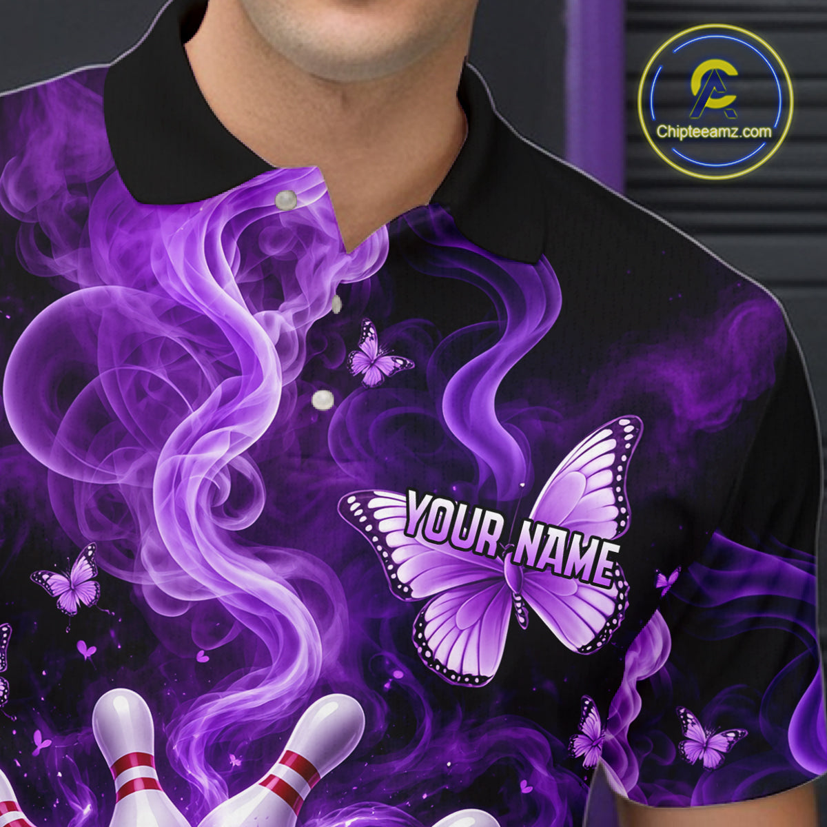 Purple Smoke Bowling Polo 1/4-Zip Shirt For Men Custom Smoke Butterfly Bowling Jersey Bowling Uniform NYN4628