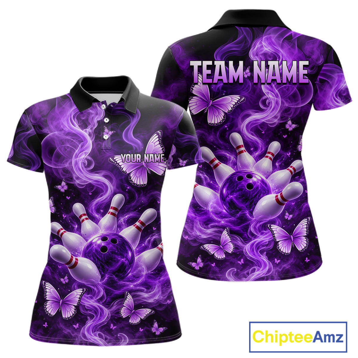 Purple Smoke Bowling Polo 1/4-Zip Shirt For Women Custom Smoke Butterfly Bowling Jersey Bowling Uniform NYN4628