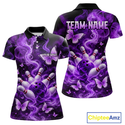 Purple Smoke Bowling Polo 1/4-Zip Shirt For Women Custom Smoke Butterfly Bowling Jersey Bowling Uniform NYN4628