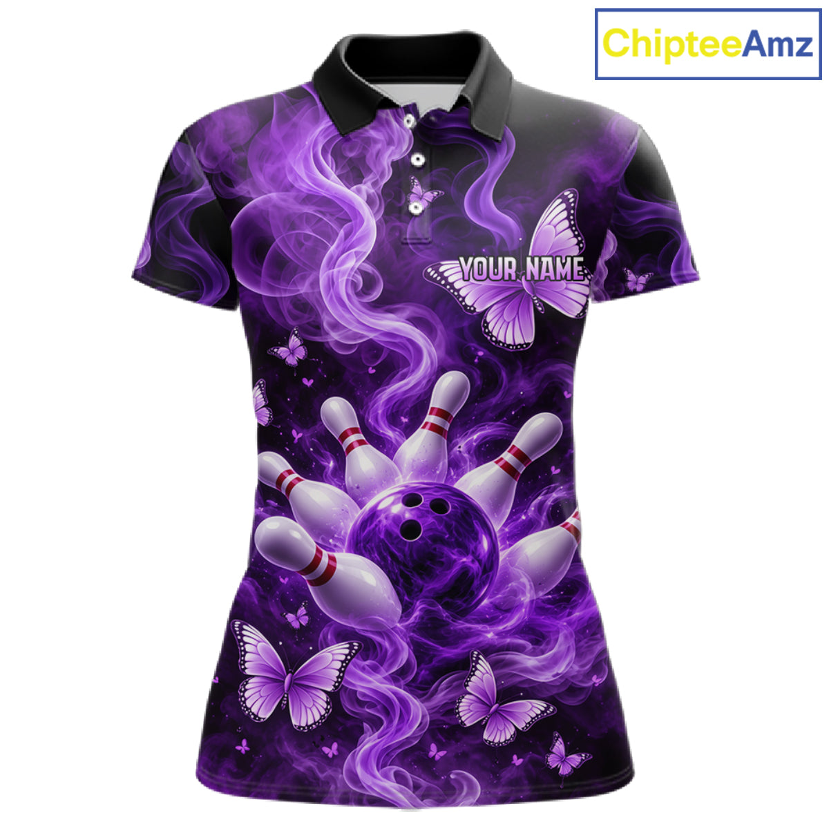 Purple Smoke Bowling Polo 1/4-Zip Shirt For Women Custom Smoke Butterfly Bowling Jersey Bowling Uniform NYN4628