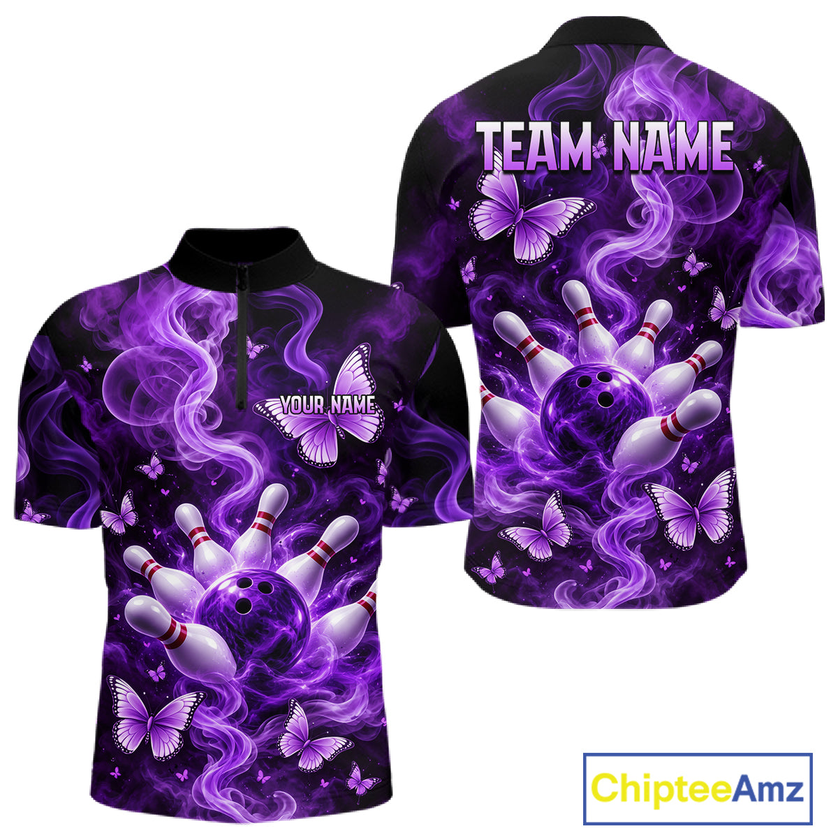 Purple Smoke Bowling Polo 1/4-Zip Shirt For Men Custom Smoke Butterfly Bowling Jersey Bowling Uniform NYN4628