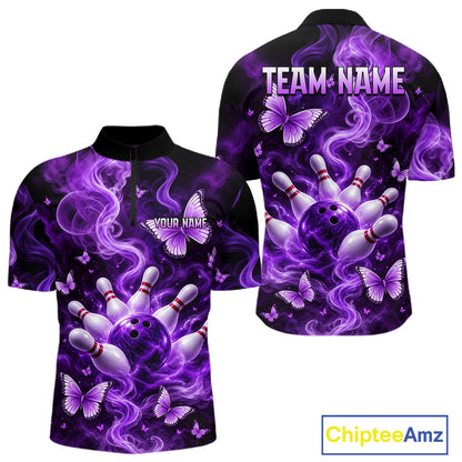Purple Smoke Bowling Polo 1/4-Zip Shirt For Men Custom Smoke Butterfly Bowling Jersey Bowling Uniform NYN4628