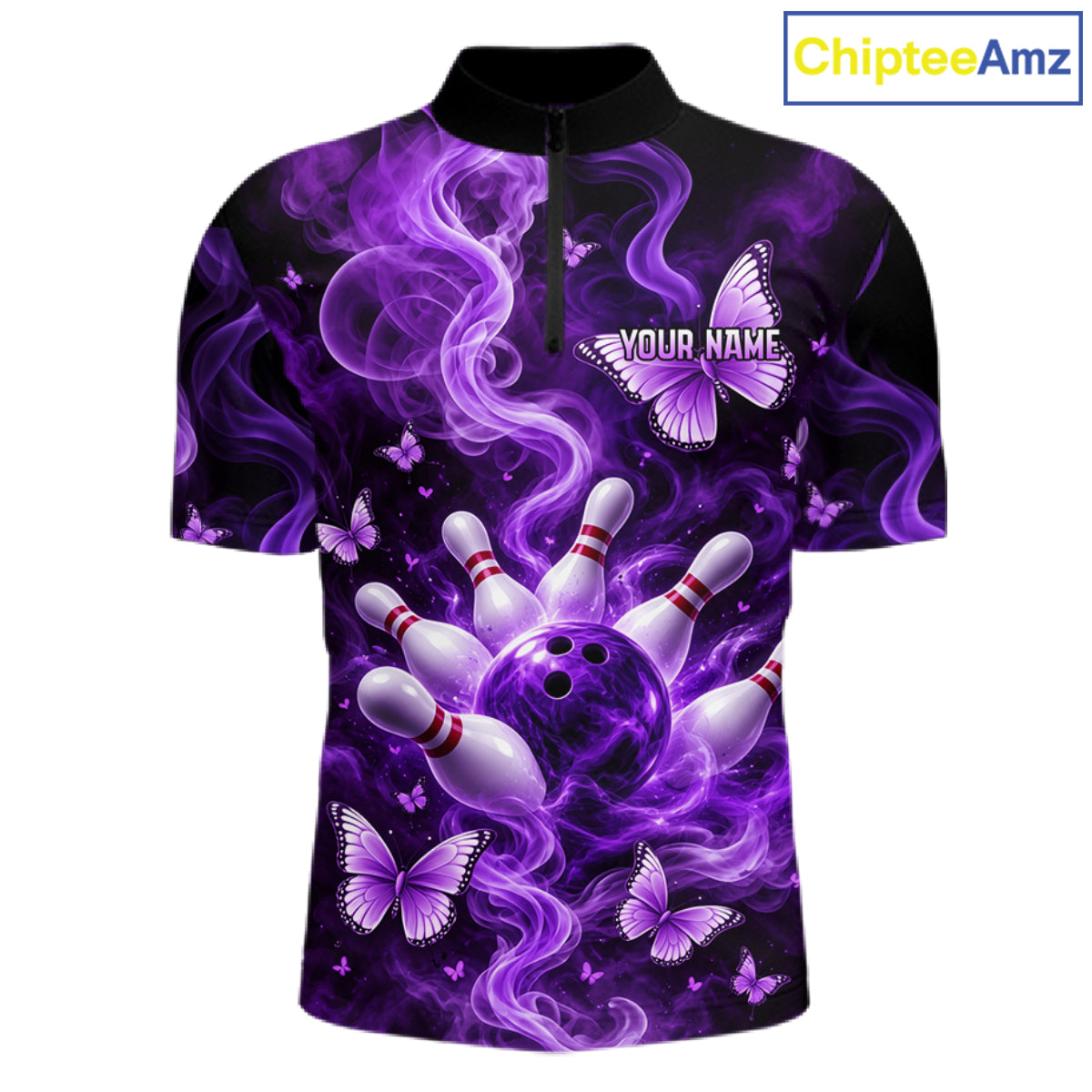 Purple Smoke Bowling Polo 1/4-Zip Shirt For Men Custom Smoke Butterfly Bowling Jersey Bowling Uniform NYN4628