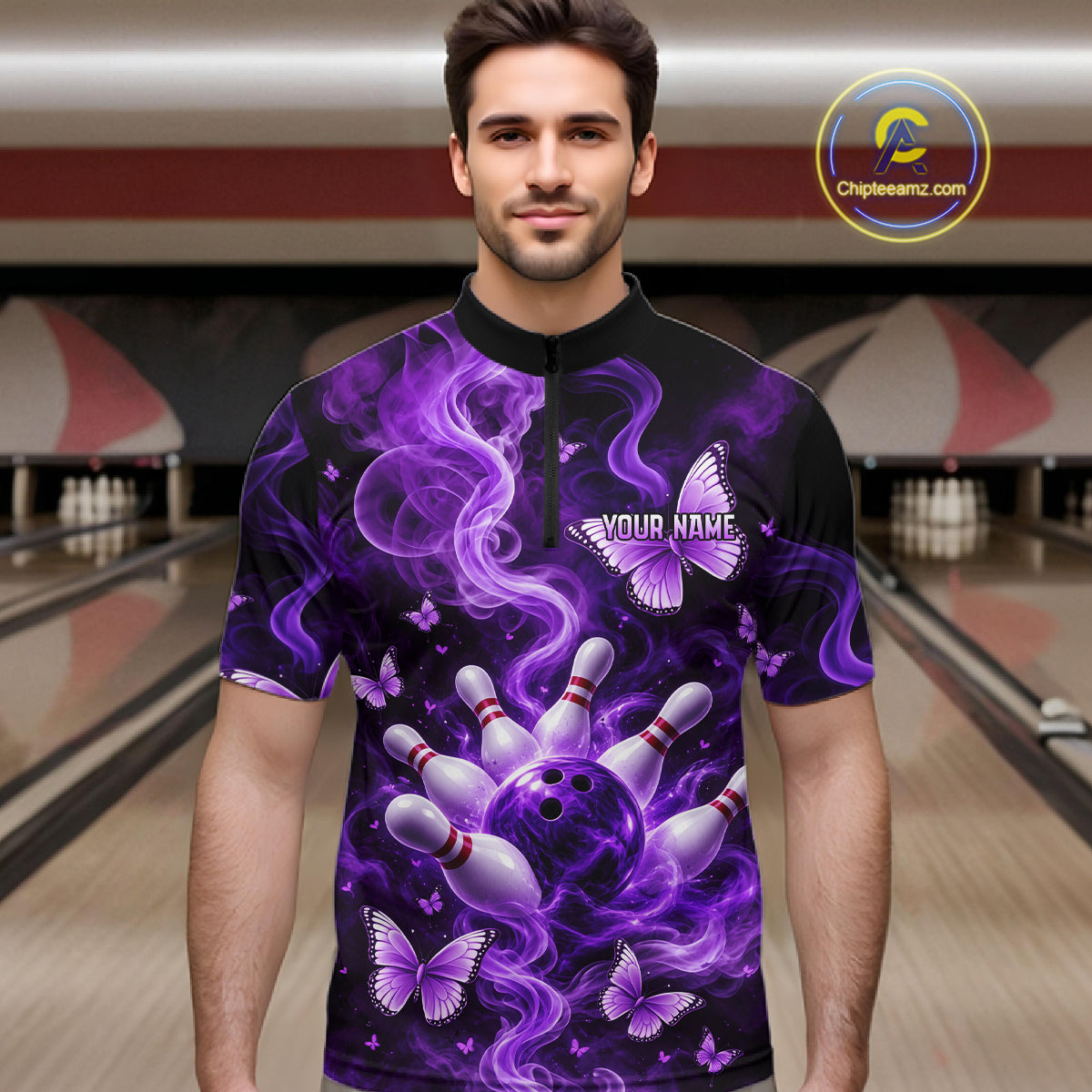 Purple Smoke Bowling Polo 1/4-Zip Shirt For Men Custom Smoke Butterfly Bowling Jersey Bowling Uniform NYN4628