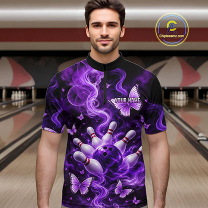 Purple Smoke Bowling Polo 1/4-Zip Shirt For Men Custom Smoke Butterfly Bowling Jersey Bowling Uniform NYN4628