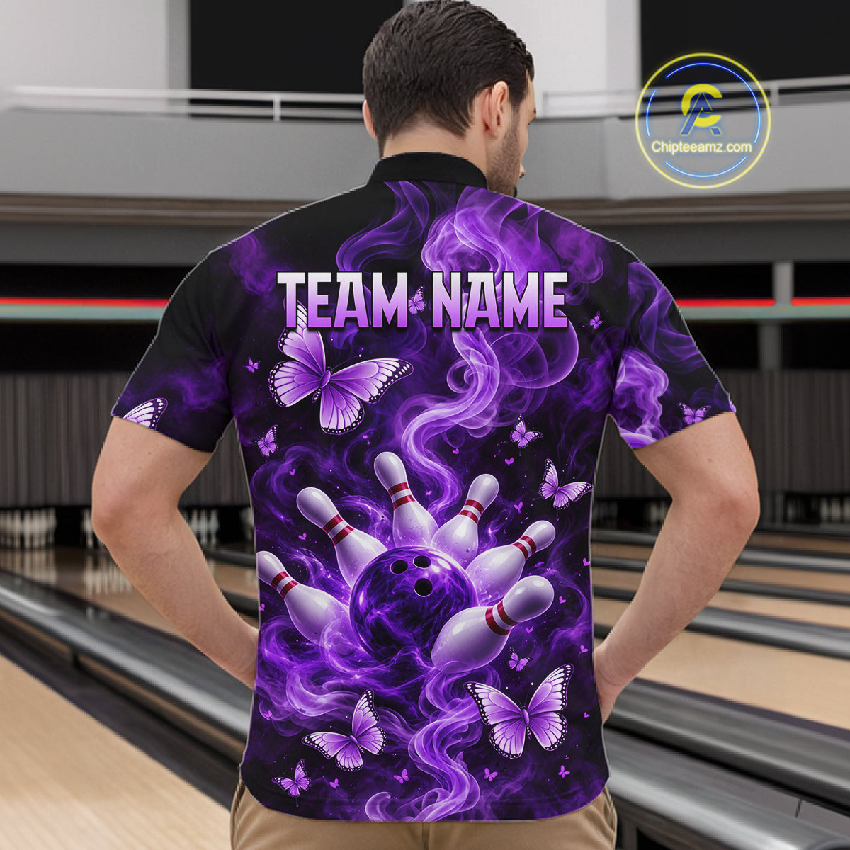 Purple Smoke Bowling Polo 1/4-Zip Shirt For Men Custom Smoke Butterfly Bowling Jersey Bowling Uniform NYN4628
