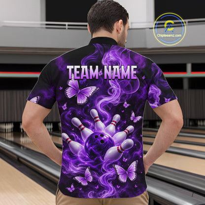 Purple Smoke Bowling Polo 1/4-Zip Shirt For Men Custom Smoke Butterfly Bowling Jersey Bowling Uniform NYN4628