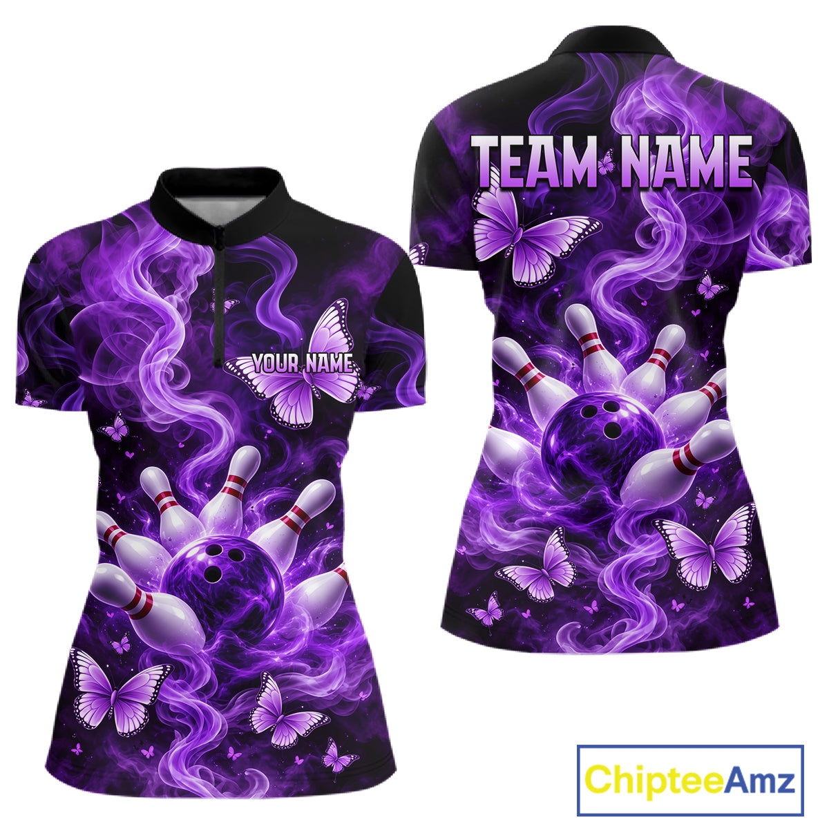 Purple Smoke Bowling Polo 1/4-Zip Shirt For Women Custom Smoke Butterfly Bowling Jersey Bowling Uniform NYN4628