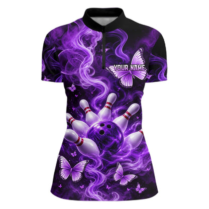 Purple Smoke Bowling Polo 1/4-Zip Shirt For Women Custom Smoke Butterfly Bowling Jersey Bowling Uniform NYN4628
