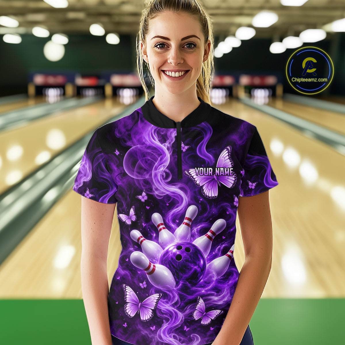 Purple Smoke Bowling Polo 1/4-Zip Shirt For Women Custom Smoke Butterfly Bowling Jersey Bowling Uniform NYN4628