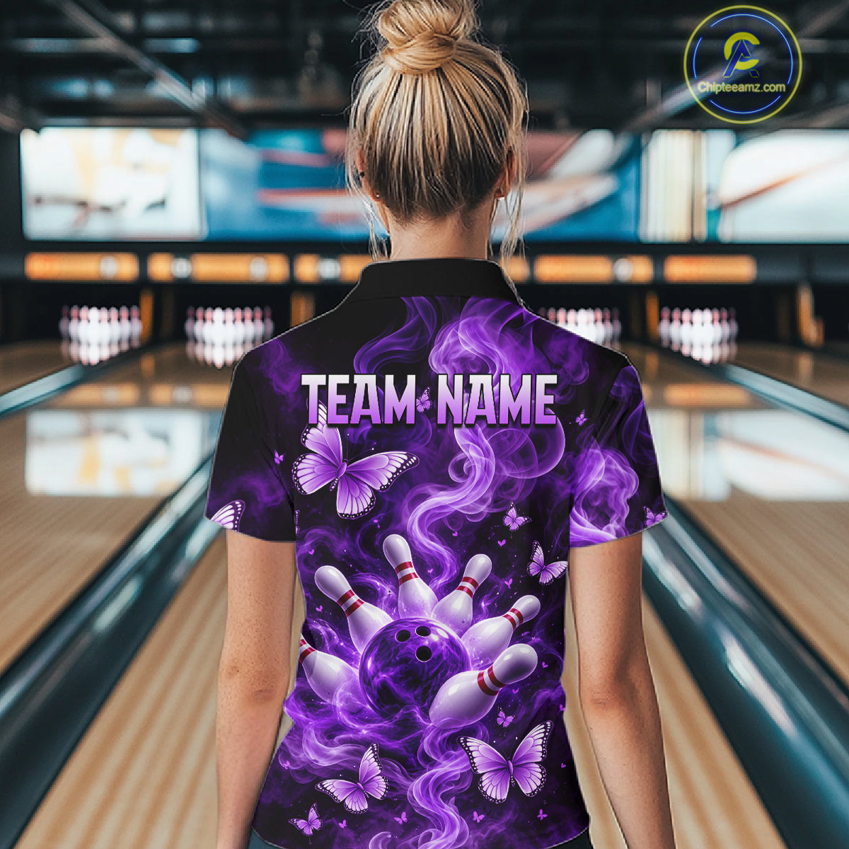 Purple Smoke Bowling Polo 1/4-Zip Shirt For Women Custom Smoke Butterfly Bowling Jersey Bowling Uniform NYN4628