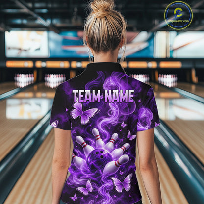 Purple Smoke Bowling Polo 1/4-Zip Shirt For Women Custom Smoke Butterfly Bowling Jersey Bowling Uniform NYN4628