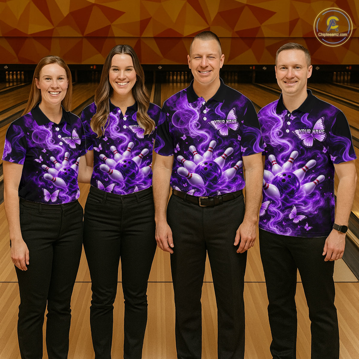 Purple Smoke Bowling Polo 1/4-Zip Shirt For Men Custom Smoke Butterfly Bowling Jersey Bowling Uniform NYN4628