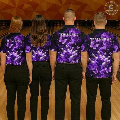 Purple Smoke Bowling Polo 1/4-Zip Shirt For Men Custom Smoke Butterfly Bowling Jersey Bowling Uniform NYN4628