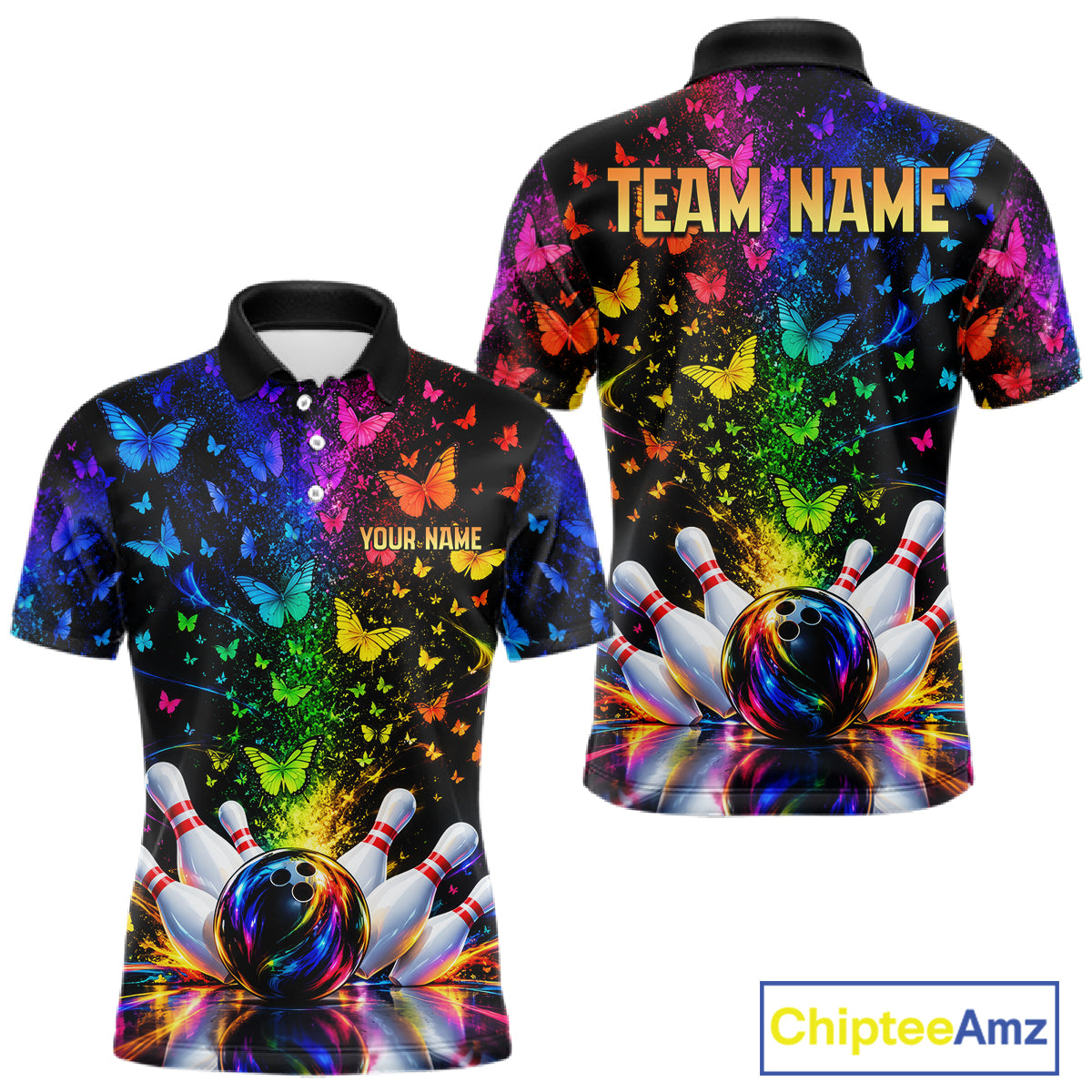 Neon Rainbow Butterfly Bowling Shirt With Name For Men Personalized Colorful Bowling League Jersey NYN4629