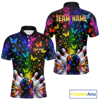 Neon Rainbow Butterfly Bowling Shirt With Name For Men Personalized Colorful Bowling League Jersey NYN4629
