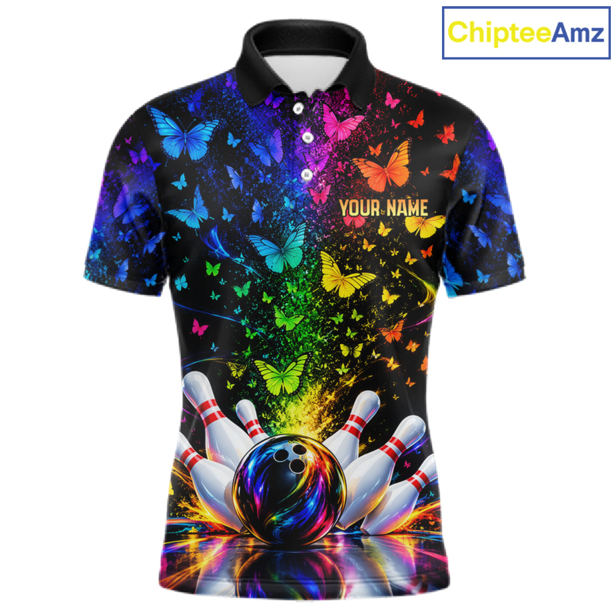 Neon Rainbow Butterfly Bowling Shirt With Name For Men Personalized Colorful Bowling League Jersey NYN4629
