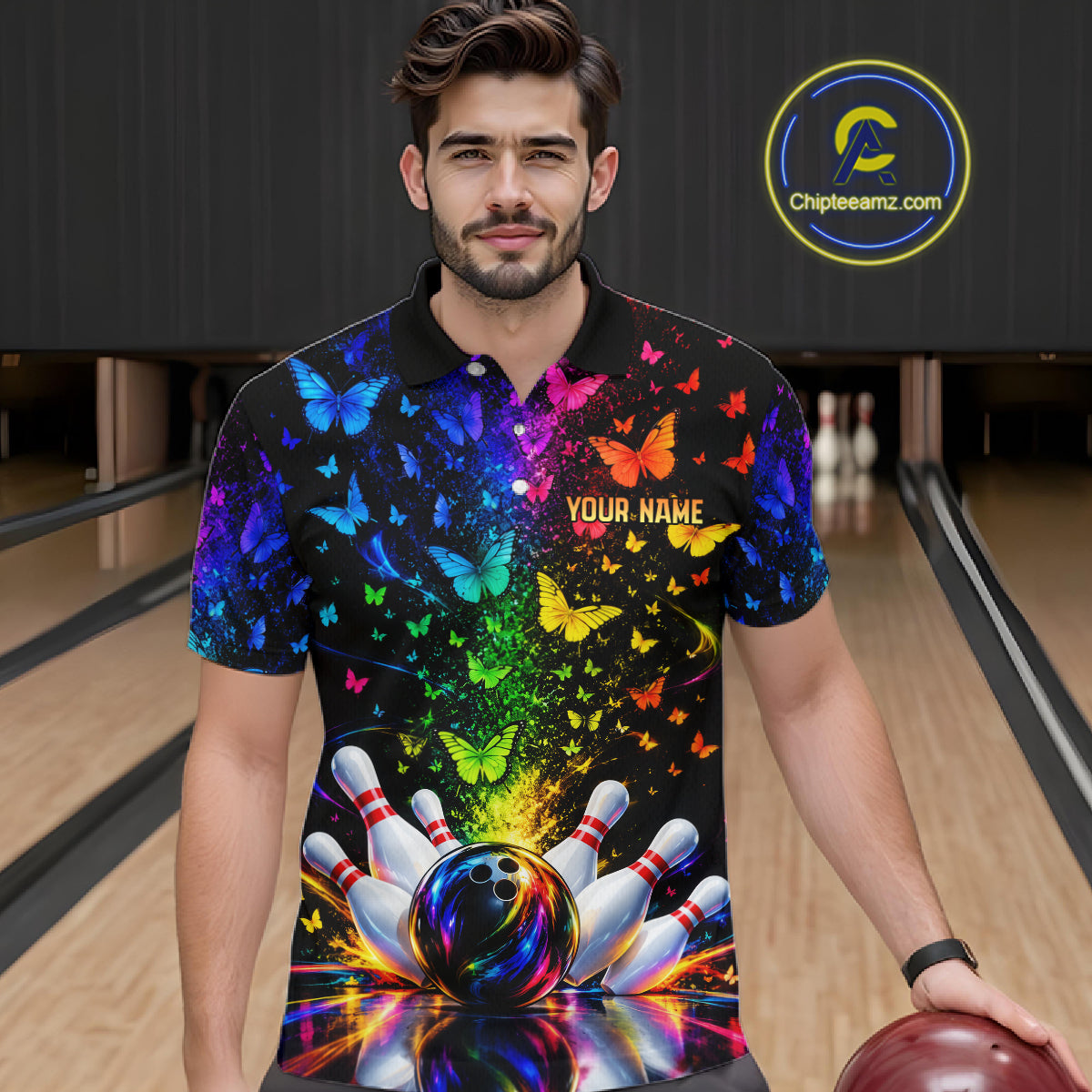Neon Rainbow Butterfly Bowling Shirt With Name For Men Personalized Colorful Bowling League Jersey NYN4629
