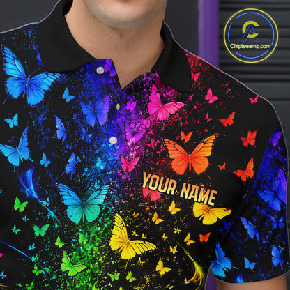 Neon Rainbow Butterfly Bowling Shirt With Name For Men Personalized Colorful Bowling League Jersey NYN4629