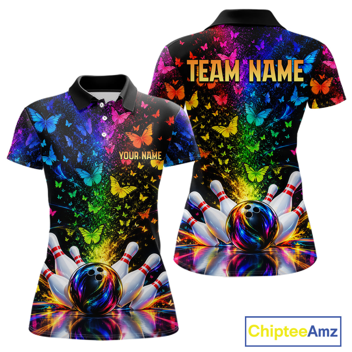 Neon Rainbow Butterfly Bowling Shirt With Name For Women Personalized Colorful Bowling League Jersey NYN4629