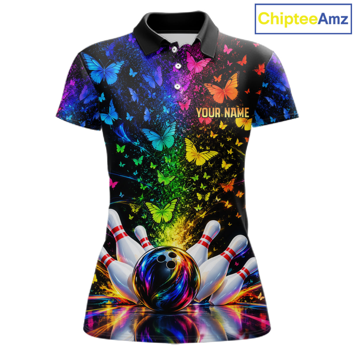Neon Rainbow Butterfly Bowling Shirt With Name For Women Personalized Colorful Bowling League Jersey NYN4629