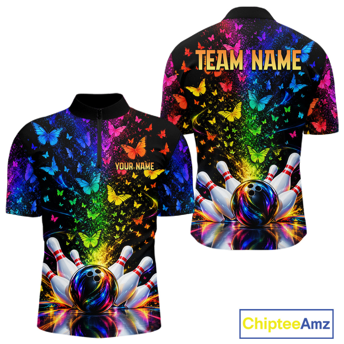 Neon Rainbow Butterfly Bowling Shirt With Name For Men Personalized Colorful Bowling League Jersey NYN4629