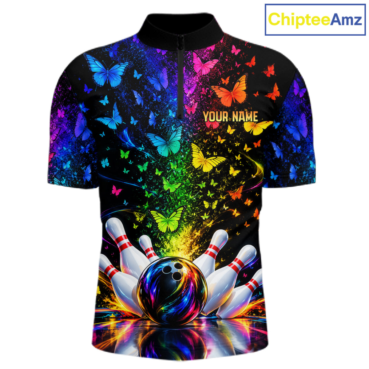 Neon Rainbow Butterfly Bowling Shirt With Name For Men Personalized Colorful Bowling League Jersey NYN4629
