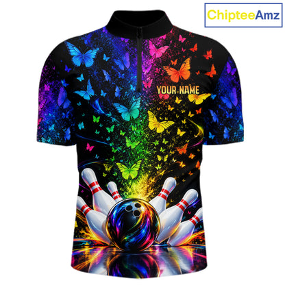 Neon Rainbow Butterfly Bowling Shirt With Name For Men Personalized Colorful Bowling League Jersey NYN4629