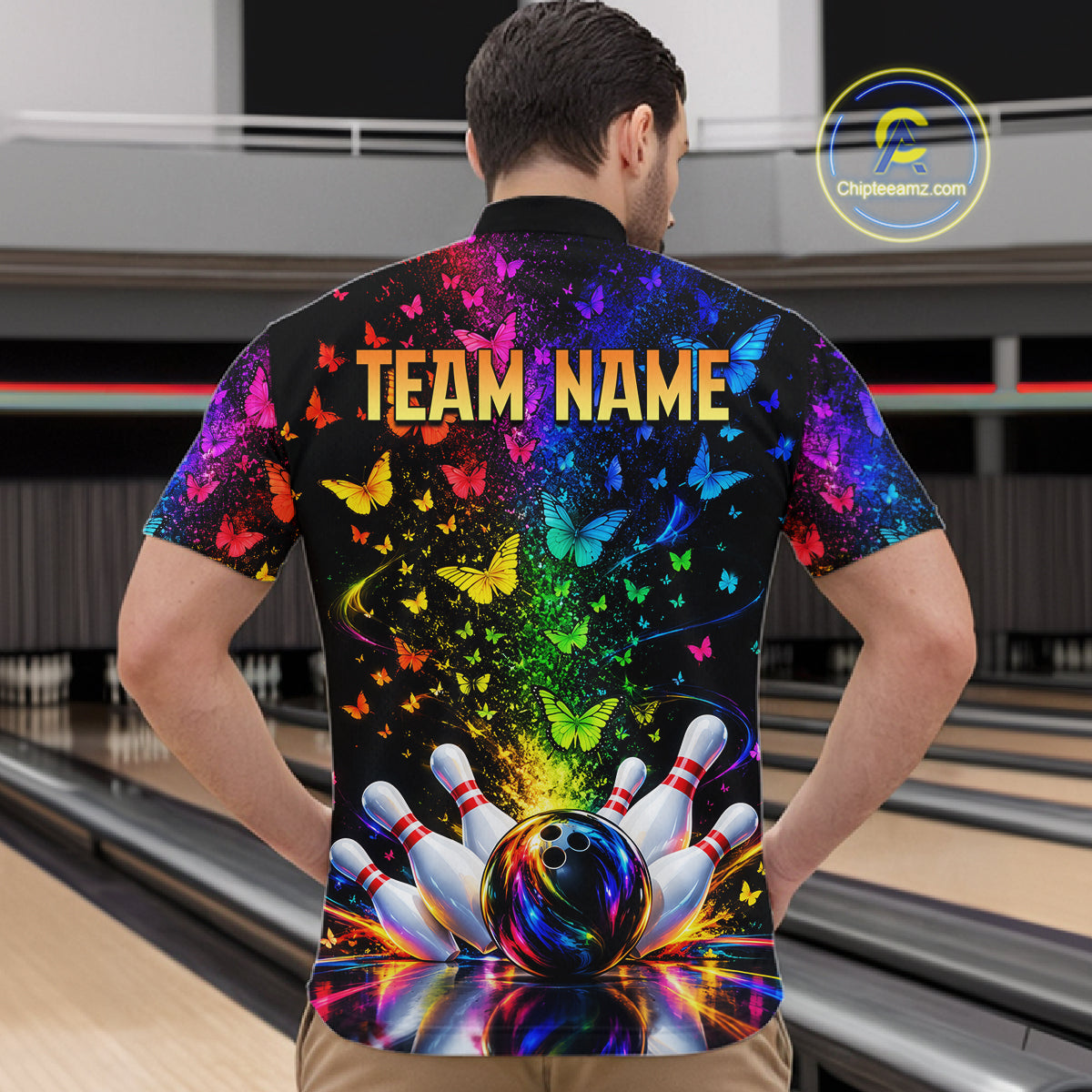 Neon Rainbow Butterfly Bowling Shirt With Name For Men Personalized Colorful Bowling League Jersey NYN4629