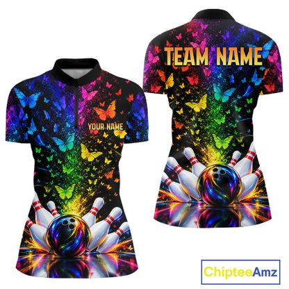 Neon Rainbow Butterfly Bowling Shirt With Name For Women Personalized Colorful Bowling League Jersey NYN4629
