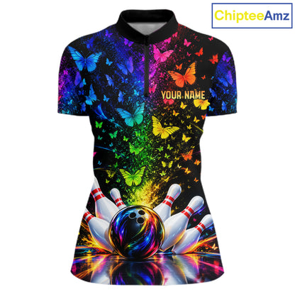 Neon Rainbow Butterfly Bowling Shirt With Name For Women Personalized Colorful Bowling League Jersey NYN4629