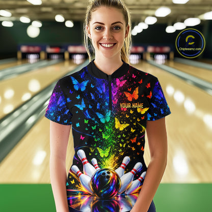 Neon Rainbow Butterfly Bowling Shirt With Name For Women Personalized Colorful Bowling League Jersey NYN4629