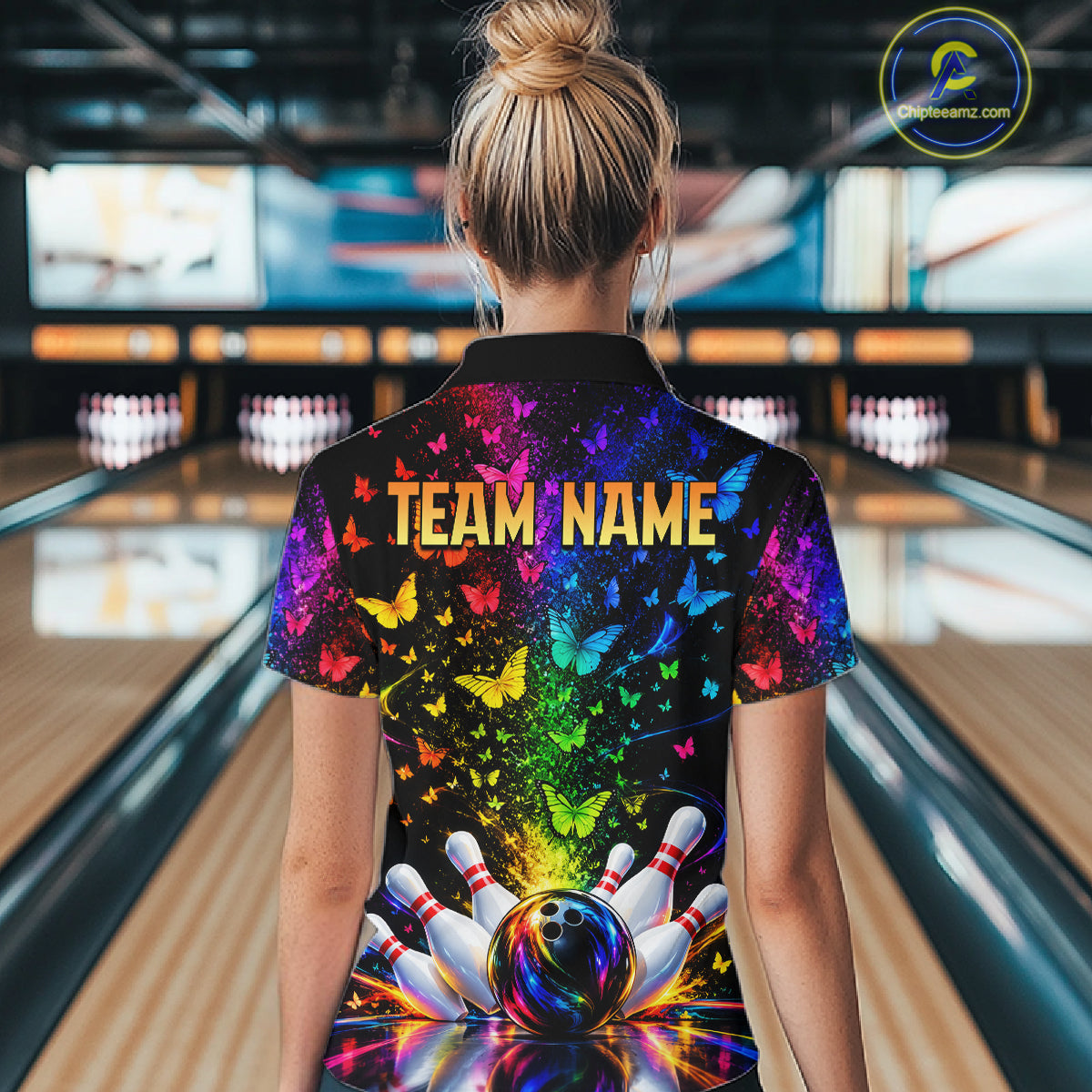 Neon Rainbow Butterfly Bowling Shirt With Name For Women Personalized Colorful Bowling League Jersey NYN4629