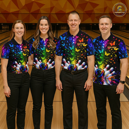 Neon Rainbow Butterfly Bowling Shirt With Name For Men Personalized Colorful Bowling League Jersey NYN4629